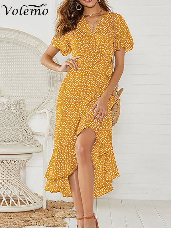 Volemo Summer Beach Maxi kleita sievietēm ar ziedu apdruku Boho gara šifona kleita ar volāniem ikdienišķa V veida kakla izgriezuma seksīga ballīšu kleita