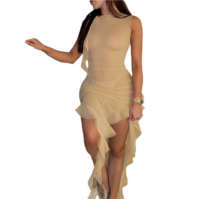 Xingqingi volangidega kleidid naistele 2023. aasta ühevärvilised varrukateta ebakorrapärase kandiga pikad kleidid, läbipaistev kleit 3D-lillega