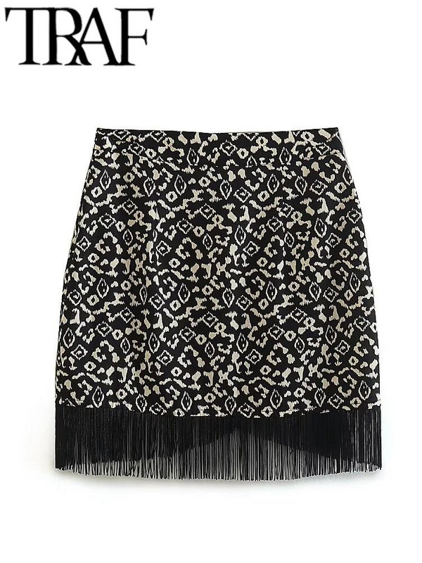 TRAF 2023 m. pavasario vasara Moteriški vintažiniai marginti sijonai, šoniniai užtrauktukai su užtrauktuku, mini sijonas moteriškas, elegantiškas sijonas aukštu juosmeniu