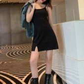 Sieviešu kleitas bez piedurknēm, melns apvalks, sieviešu, seksīga mini kleita ar sānu šķēlumu V veida kakla izgriezums ar augstu vidukli Mujer ielas apģērbs vasaras Vestidos korejiešu