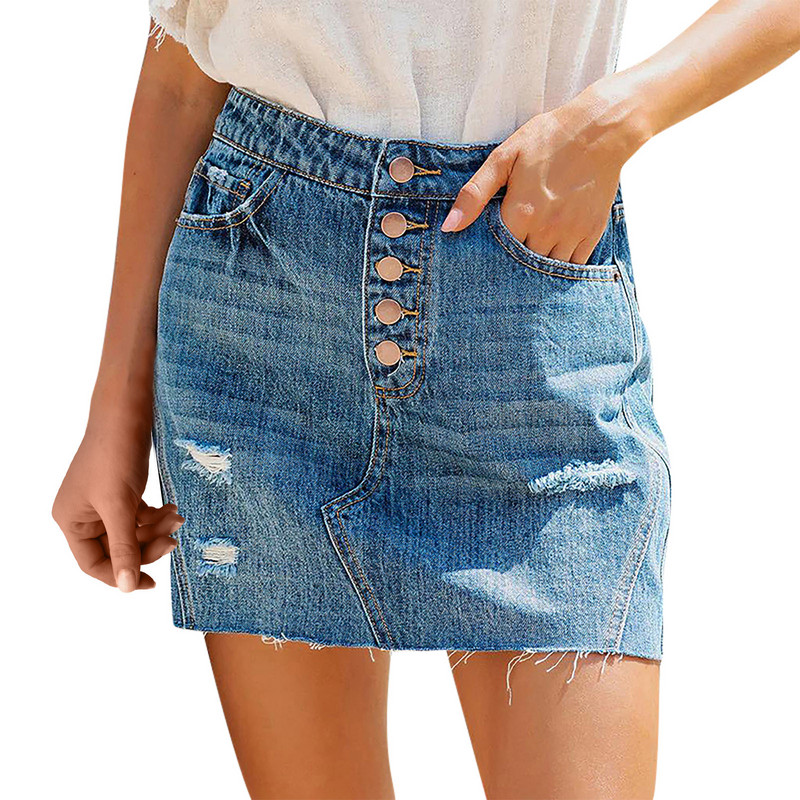 Moodne naiste vabaaja katkiste aukudega pestav mitme nupuga teksaseelik Lihtne salendav skort naistele юбка женская юбка Faldas