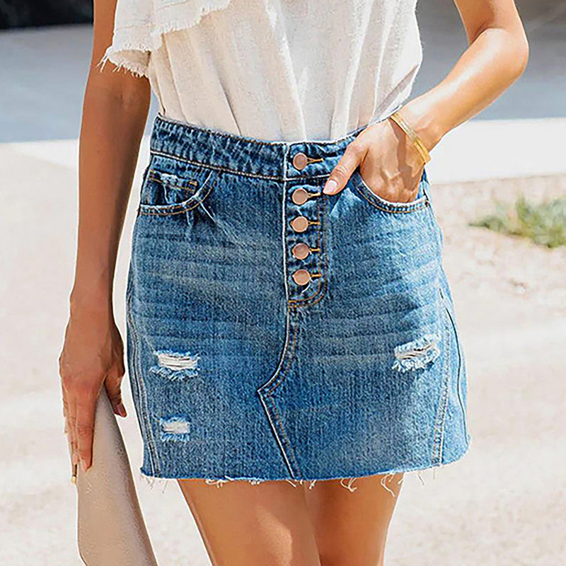 Moodne naiste vabaaja katkiste aukudega pestav mitme nupuga teksaseelik Lihtne salendav skort naistele юбка женская юбка Faldas