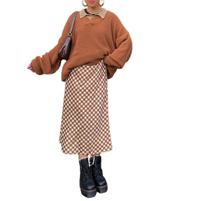 Naiste ruuduline mustriga kõrge vöökohaga Midi seelik A-joon Bodycon pikk pliiatsseelik Y2K Streetwear E-Girl 90S Fashion