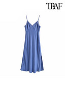 TRAF Női divat csipkével oldalt szellőzővel Midi Camisole ruha Vintage hát nélküli cipzáras vékony pántos női ruhák Mujer