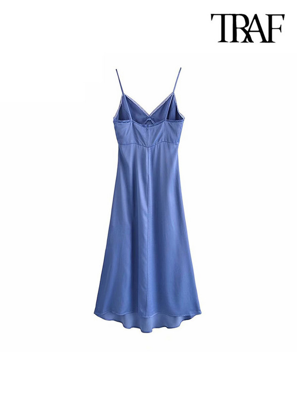 TRAF Női divat csipkével oldalt szellőzővel Midi Camisole ruha Vintage hát nélküli cipzáras vékony pántos női ruhák Mujer