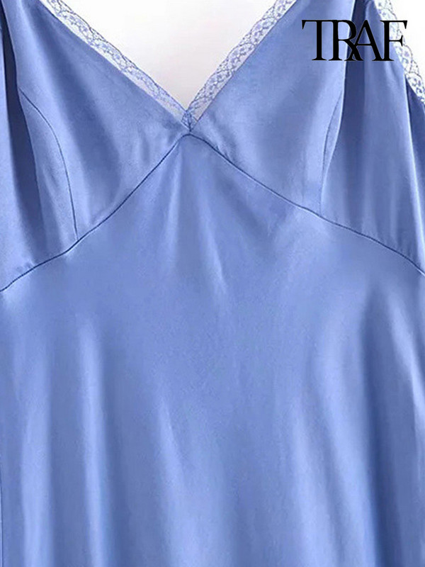 TRAF Női divat csipkével oldalt szellőzővel Midi Camisole ruha Vintage hát nélküli cipzáras vékony pántos női ruhák Mujer