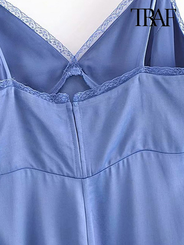 TRAF Női divat csipkével oldalt szellőzővel Midi Camisole ruha Vintage hát nélküli cipzáras vékony pántos női ruhák Mujer