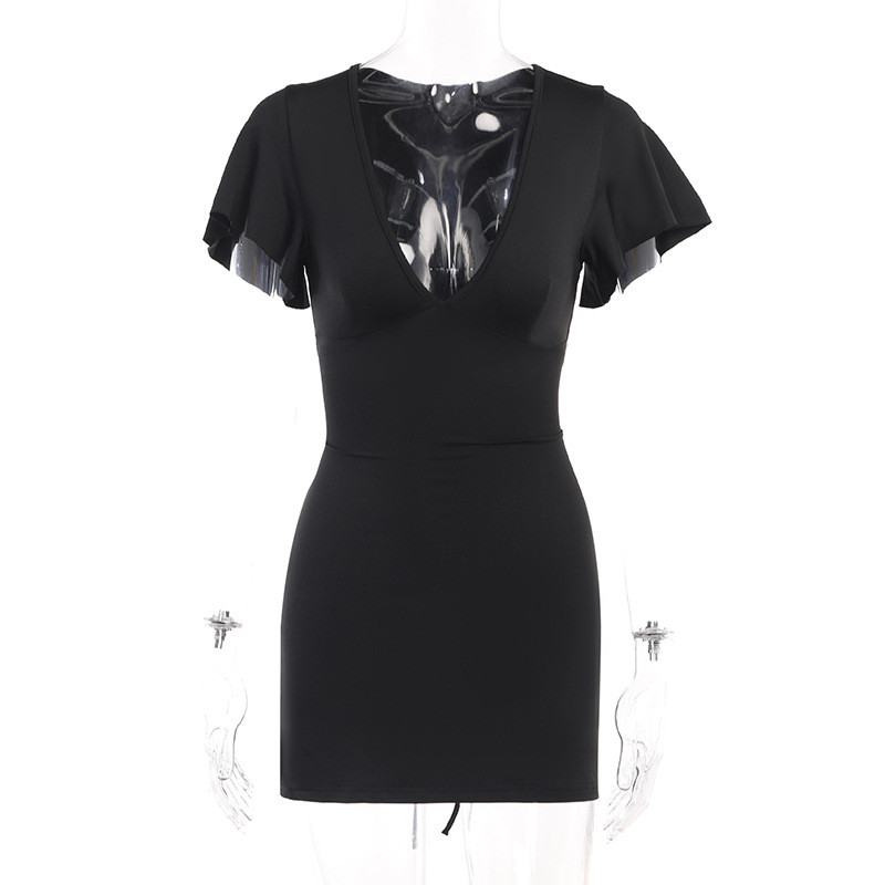 Must kleit naiste V-kaelusega lühikeste varrukatega kleidid kõhnad moerõivad, suverõivad Y2k tänavarõivad Solid Slim Bodycon kleit