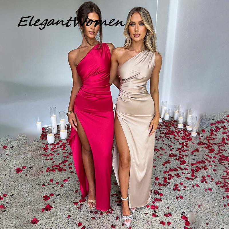 Elegantiškos vakarėliui skirtos moteriškos suknelės su klostėmis Sexy Satin Bodycon Suknelė Vasarinė plona Ilgi Maxi sijonai Vakariniai klubiniai drabužiai