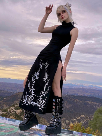 Φόρεμα SUCHCUTE Gothic Print Midi Γυναικείο Καλοκαιρινό ζιβάγκο Σκούρο Ακαδημαϊκό Μόδα Μακρύ Φόρεμα Harajuku Μαύρα Αμάνικα Φορέματα