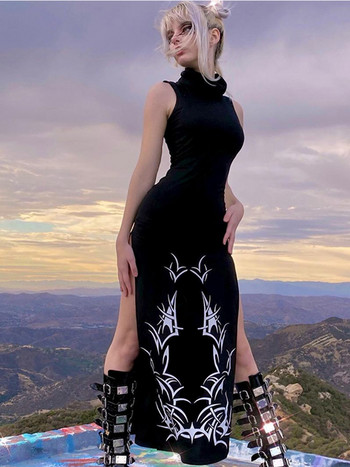 Φόρεμα SUCHCUTE Gothic Print Midi Γυναικείο Καλοκαιρινό ζιβάγκο Σκούρο Ακαδημαϊκό Μόδα Μακρύ Φόρεμα Harajuku Μαύρα Αμάνικα Φορέματα