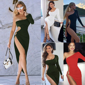 Γυναικείο σέξι φόρεμα με έναν ώμο Μακρυμάνικο φόρεμα Clubwear Party με ψηλό σκίσιμο