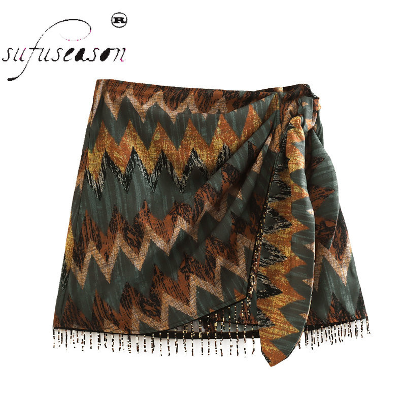Φούστα με στρας Νέα vintage γεωμετρική στάμπα Μίνι φούστα με κόμπους Sarong με χάντρες με κρόσσια Vestidos Casual φερμουάρ Κοντή φούστα Mujer