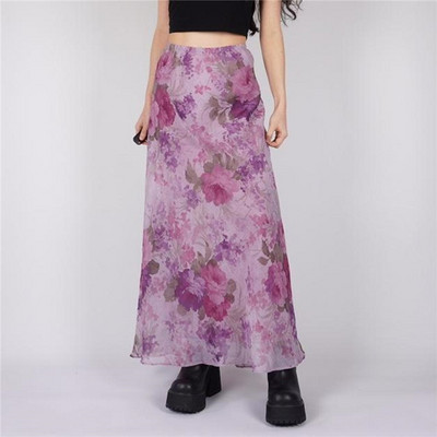 Xingqing y2k Fairy Grunge μακριά φούστα Γυναικείες Kawaii Φούστες με λουλούδια ψηλόμεση A Line 2000s Aesthetic Clothing Holiday Streetwear