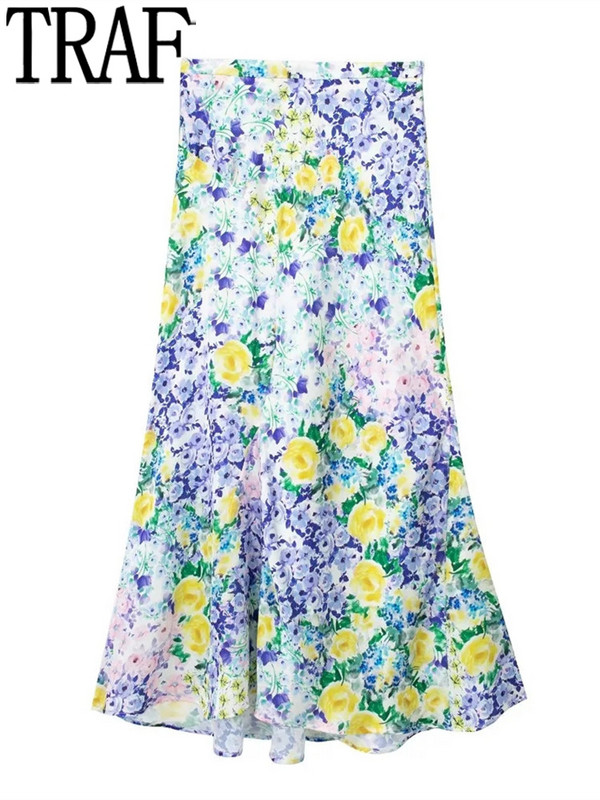 TRAF virágos szoknya női nyári midi szatén szoknya női magas derekú hosszú szoknya női divat 2023 elegáns női szoknya