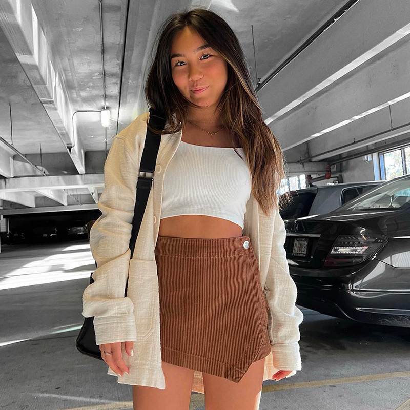 Női, magas derekú, bordázott, vékony szoknya rövidnadrágok Vintage, sima gombos, mini szoknyák, 2023-as nyári tündéri grunge ruhák