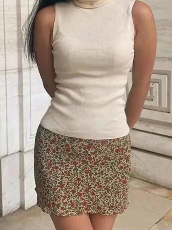 Nyári női kontraszt színű virágmintás miniszoknya Vintage csomag csípő rövid szoknya oldalsó cipzár