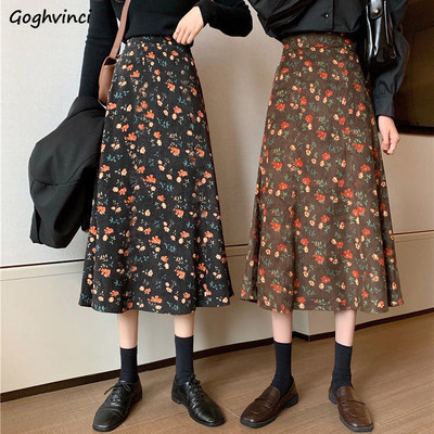 Velveta svārki sievietēm rudens ziema ikru vidusdaļai Faldas ziedi A-line Student Baggy Elegant vintage korejiešu preppy Style Elegant Ins