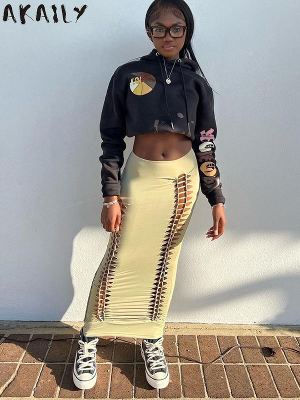 Akaily Summer Streetwear Hollow Out solid sijonai moterims, 2023 m. sijonai aukštu juosmeniu, laisvalaikio apranga Abrikosų bodycon sijonai, moteriški