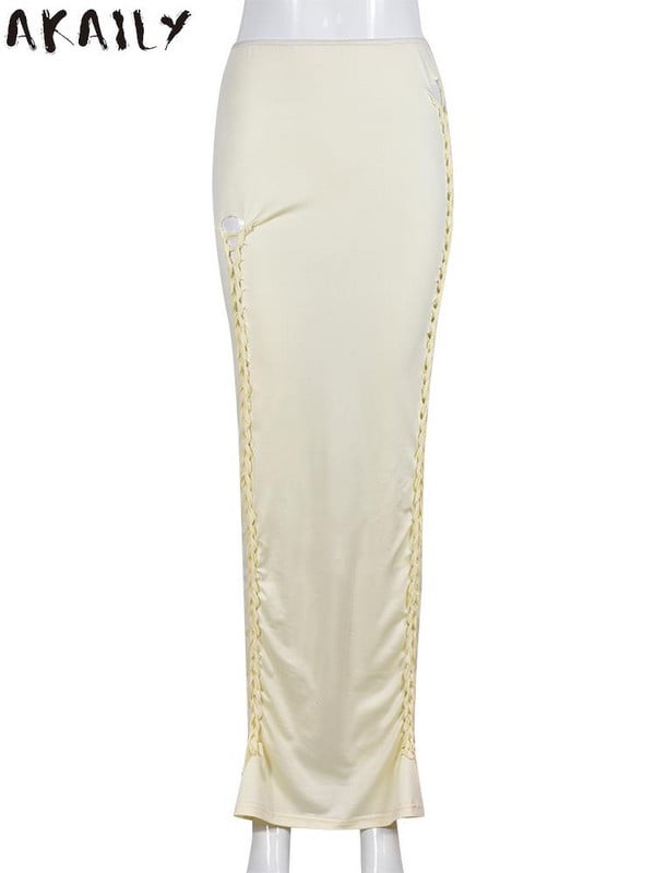 Akaily Summer Streetwear Hollow Out solid sijonai moterims, 2023 m. sijonai aukštu juosmeniu, laisvalaikio apranga Abrikosų bodycon sijonai, moteriški