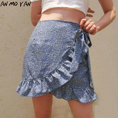 Vasaras sieviešu svārki ar augstu vidukli ar mežģīnēm ar loku, īsi svārki Eiropas un Amerikas modes svārki ar neregulāru apdruku ar rāvējslēdzēju