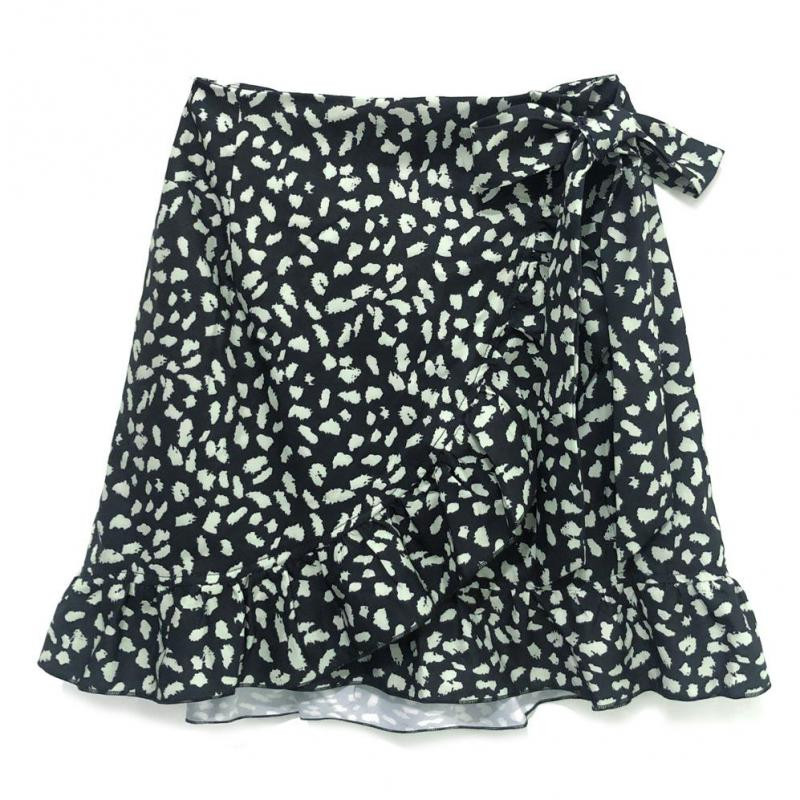 Vasaras sieviešu svārki ar augstu vidukli ar mežģīnēm ar loku, īsi svārki Eiropas un Amerikas modes svārki ar neregulāru apdruku ar rāvējslēdzēju