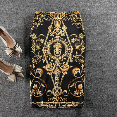 Jarné letné elegantné štíhle midi sukne plus size šaty 2022 nová móda pre ženy kancelárske retro zlatá potlačená sukňa s bokmi