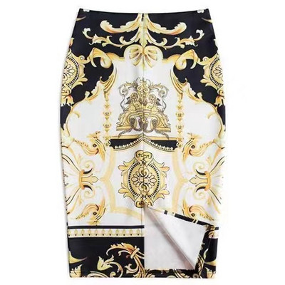 Jarné letné elegantné štíhle midi sukne plus size šaty 2022 nová móda pre ženy kancelárske retro zlatá potlačená sukňa s bokmi