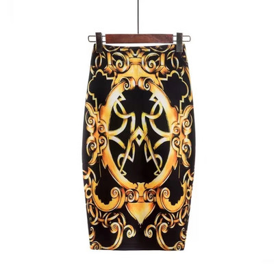 Jarné letné elegantné štíhle midi sukne plus size šaty 2022 nová móda pre ženy kancelárske retro zlatá potlačená sukňa s bokmi