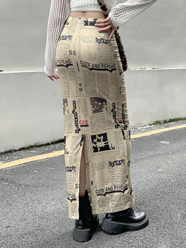 Kalevest Y2K Off kremasto-bijele Fairy Grunge ženske suknje Harajuku novinski print Duge suknje Rave Outfits Suknja s estetskim prorezima