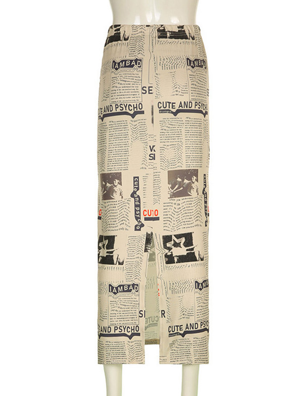 Kalevest Y2K Off kremasto-bijele Fairy Grunge ženske suknje Harajuku novinski print Duge suknje Rave Outfits Suknja s estetskim prorezima