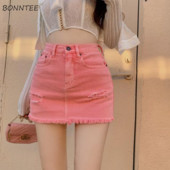 Ροζ τζιν φούστες Γυναικεία ρούχα Φοιτητικά Μοντέρνα Summer Empire Skinny Mini Γλυκιά σέξι φούντα παντός αγώνα Hot Casual Faldas Mujer