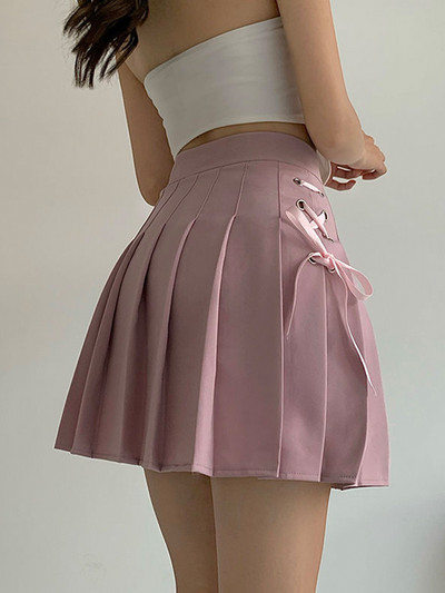 Női szoknya Rózsaszín Fásli Redős Szoknyák Magas derekú Szilárd vékony nyári Kawaii Preppy Stílus Női Ruhák Alsó Diákok Koreai