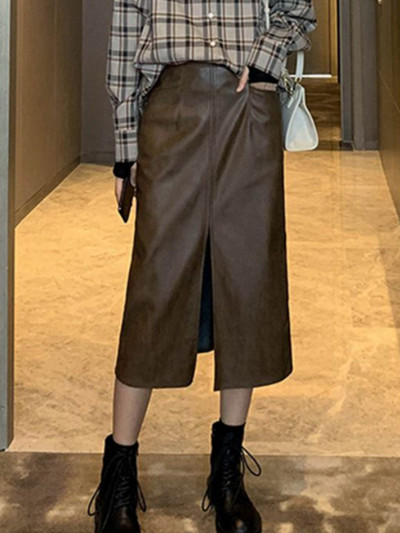 PU svārki sievietēm ar augstu vidukli Vintage pavasara dāmas Solīda Eleganti, Slaidi Brīvais laiks Vienkāršs Dizains Mode Korejiešu Stils Vispārpiemērots katru dienu