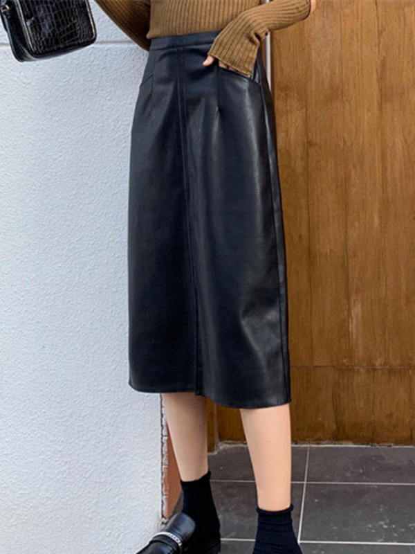 PU svārki sievietēm ar augstu vidukli Vintage pavasara dāmas Solīda Eleganti, Slaidi Brīvais laiks Vienkāršs Dizains Mode Korejiešu Stils Vispārpiemērots katru dienu