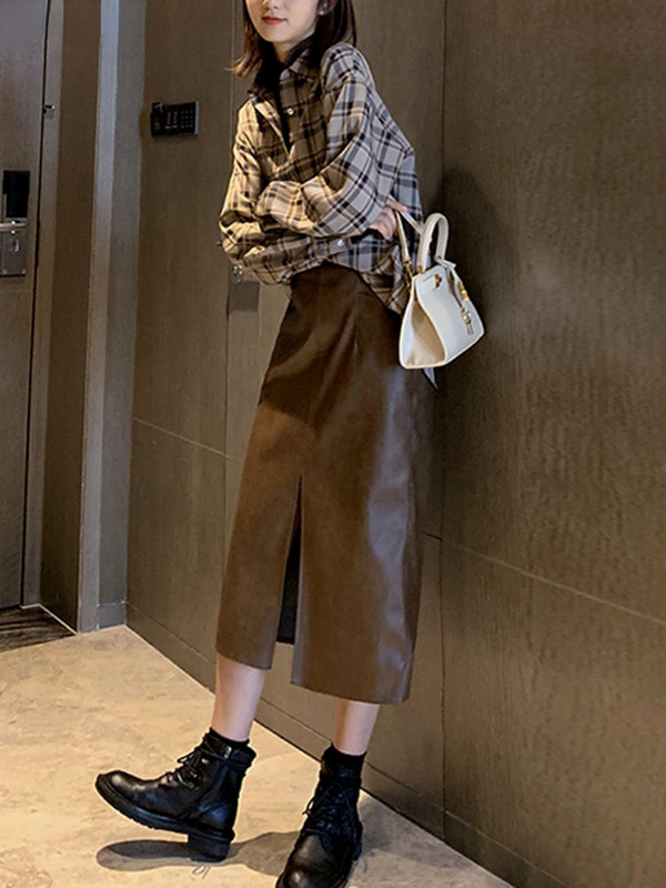 PU svārki sievietēm ar augstu vidukli Vintage pavasara dāmas Solīda Eleganti, Slaidi Brīvais laiks Vienkāršs Dizains Mode Korejiešu Stils Vispārpiemērots katru dienu