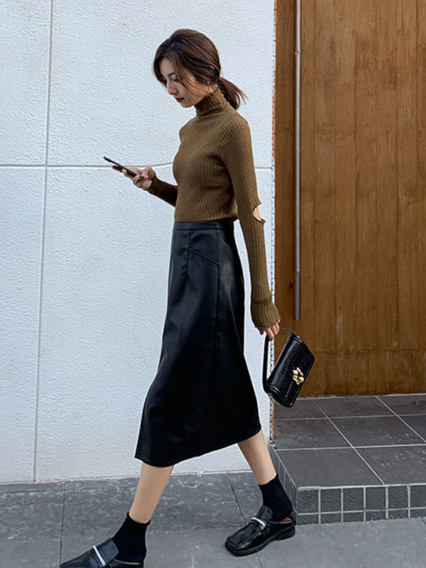 PU svārki sievietēm ar augstu vidukli Vintage pavasara dāmas Solīda Eleganti, Slaidi Brīvais laiks Vienkāršs Dizains Mode Korejiešu Stils Vispārpiemērots katru dienu