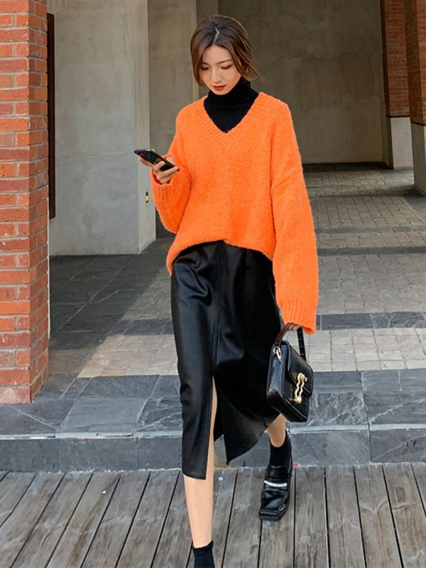 PU svārki sievietēm ar augstu vidukli Vintage pavasara dāmas Solīda Eleganti, Slaidi Brīvais laiks Vienkāršs Dizains Mode Korejiešu Stils Vispārpiemērots katru dienu