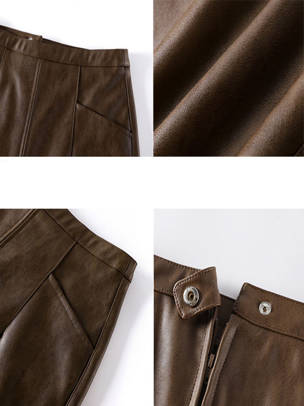 PU svārki sievietēm ar augstu vidukli Vintage pavasara dāmas Solīda Eleganti, Slaidi Brīvais laiks Vienkāršs Dizains Mode Korejiešu Stils Vispārpiemērots katru dienu