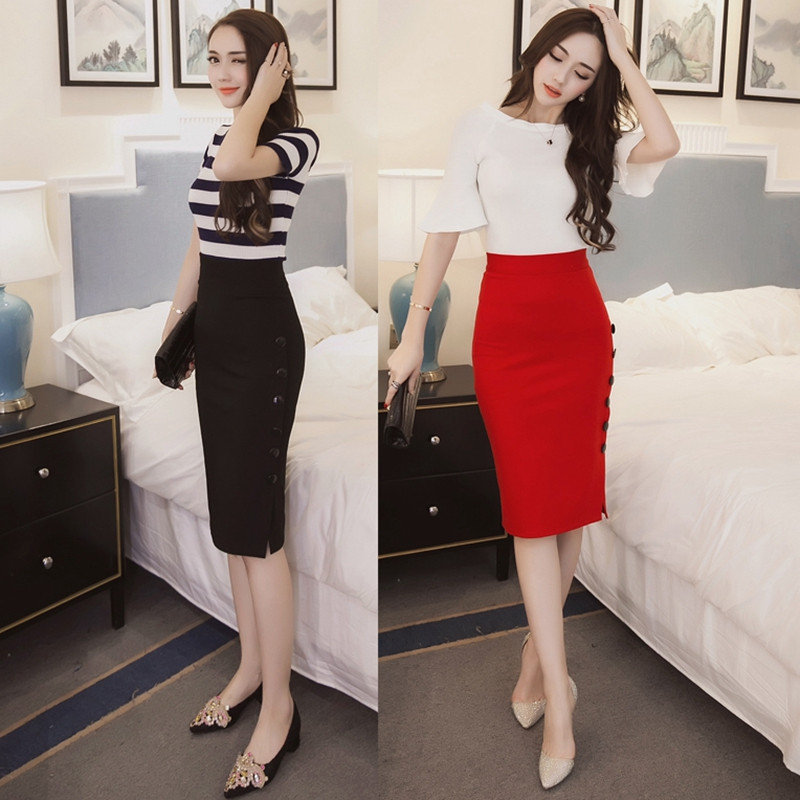 Elastične crne suknje visokog struka Prevelika modna ulična odjeća za 2023. Ljetna midi suknja s gumbima Ženska elegantna uredska pencil suknja 5XL