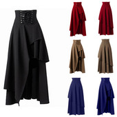 Vintage Gothic Lolita Lace Up A Līnijas svārki Sievietēm Neregulāra Hem Solid Y2K Elastīga Vidukļa Midi Svārki Sieviešu Mājīgi Pamata Apakšpuse