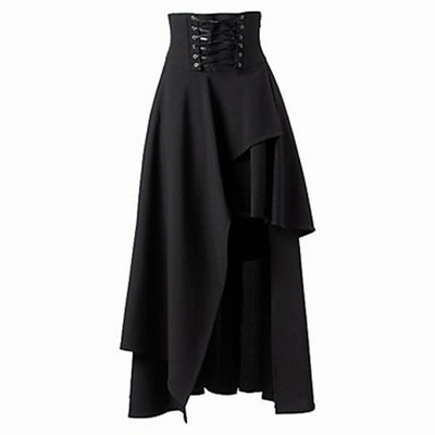 Vintage Gothic Lolita Lace Up A Līnijas svārki Sievietēm Neregulāra Hem Solid Y2K Elastīga Vidukļa Midi Svārki Sieviešu Mājīgi Pamata Apakšpuse