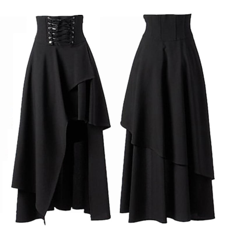 Vintage Gothic Lolita Lace Up A Līnijas svārki Sievietēm Neregulāra Hem Solid Y2K Elastīga Vidukļa Midi Svārki Sieviešu Mājīgi Pamata Apakšpuse