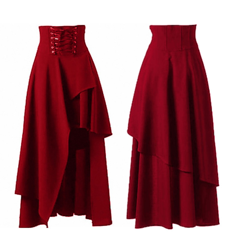 Vintage Gothic Lolita Lace Up A Līnijas svārki Sievietēm Neregulāra Hem Solid Y2K Elastīga Vidukļa Midi Svārki Sieviešu Mājīgi Pamata Apakšpuse