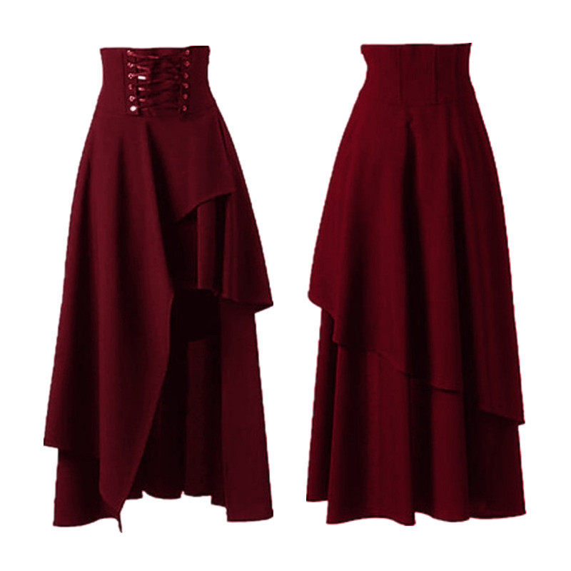 Vintage Gothic Lolita Lace Up A Līnijas svārki Sievietēm Neregulāra Hem Solid Y2K Elastīga Vidukļa Midi Svārki Sieviešu Mājīgi Pamata Apakšpuse