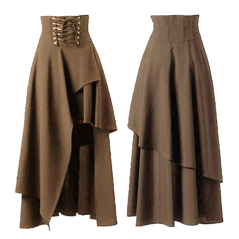 Vintage Gothic Lolita Lace Up A Līnijas svārki Sievietēm Neregulāra Hem Solid Y2K Elastīga Vidukļa Midi Svārki Sieviešu Mājīgi Pamata Apakšpuse