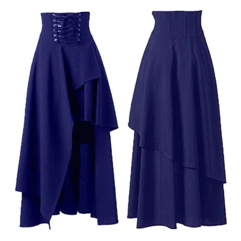 Vintage Gothic Lolita Lace Up A Līnijas svārki Sievietēm Neregulāra Hem Solid Y2K Elastīga Vidukļa Midi Svārki Sieviešu Mājīgi Pamata Apakšpuse