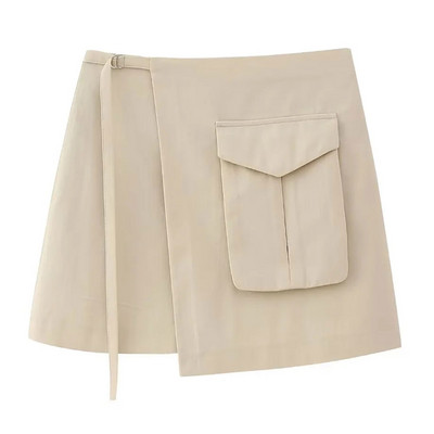 TRAFZA 2023 Γυναικεία μόδα ρετρό μπεζ λεπτή πλεκτή ψηλόμεσο κορδόνι ακανόνιστη ζώνη με τσέπη Άνοιξη καλοκαιρινά ρούχα εργασίας Culottes