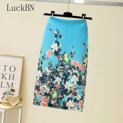 Letná móda modrá kvetinová potlač dámske ceruzkové sukne s vysokým pásom, kancelárske dámske midi sukne, dámske nohavice Saias Faldas, dievčenské spodné diely 2022