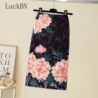 Letná móda modrá kvetinová potlač dámske ceruzkové sukne s vysokým pásom, kancelárske dámske midi sukne, dámske nohavice Saias Faldas, dievčenské spodné diely 2022